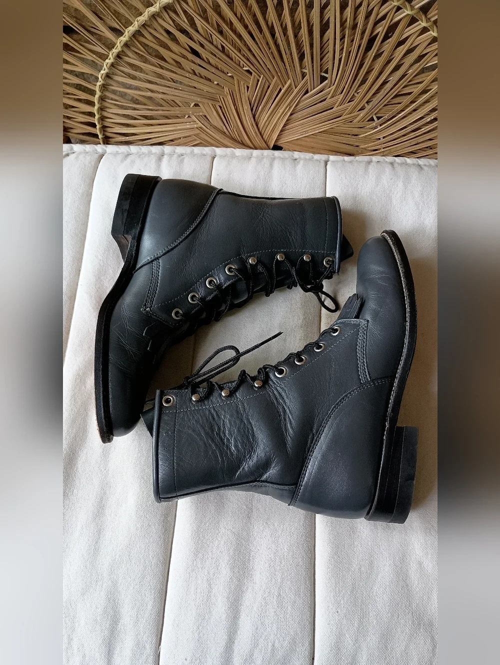 Justin Roper Boots Black Leather Lace-Up Ankle Booties with Fringe Kiltie_5.5